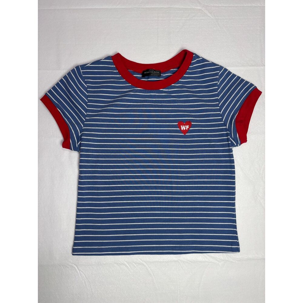 White Fox Blue White Striped Ringer Tee Red Trim Heart Logo Women’s Size M